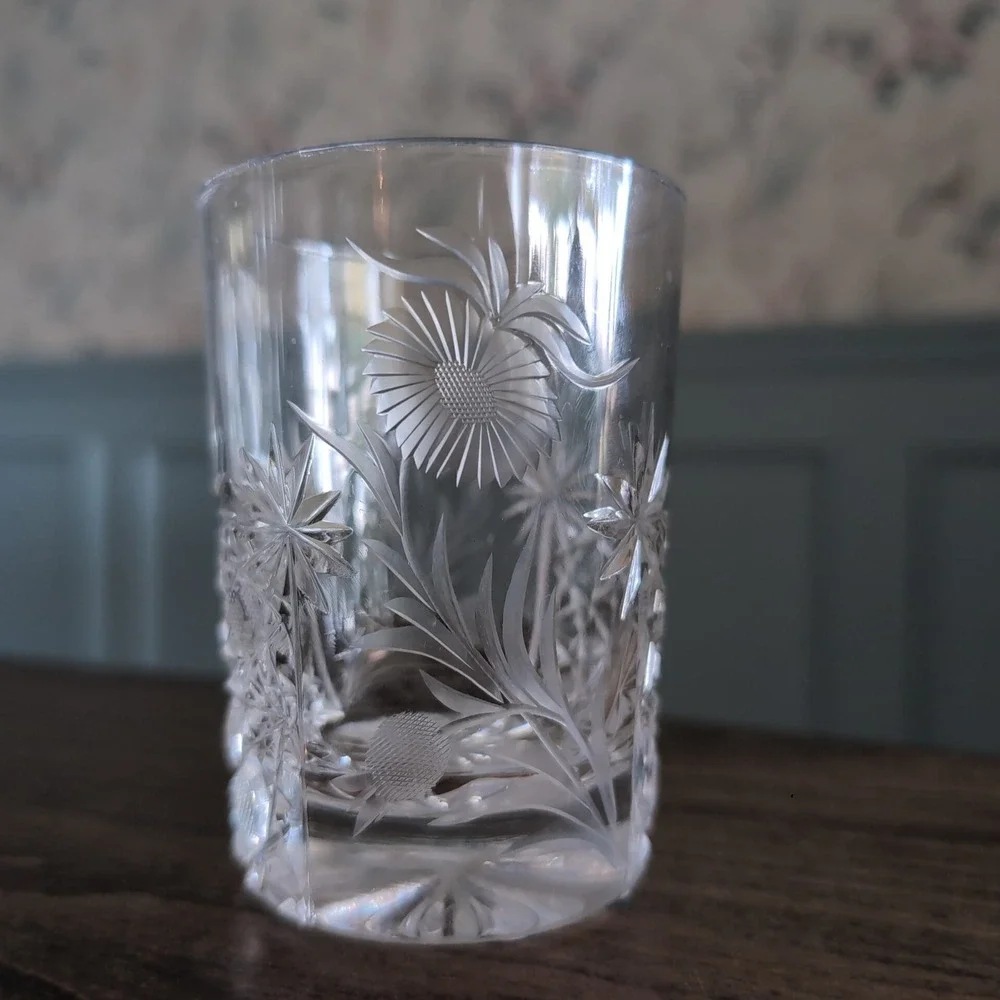 4 Vintage Etched Cut Crystal Thistle Rocks Glasses Set Old Fashioned Tumblers